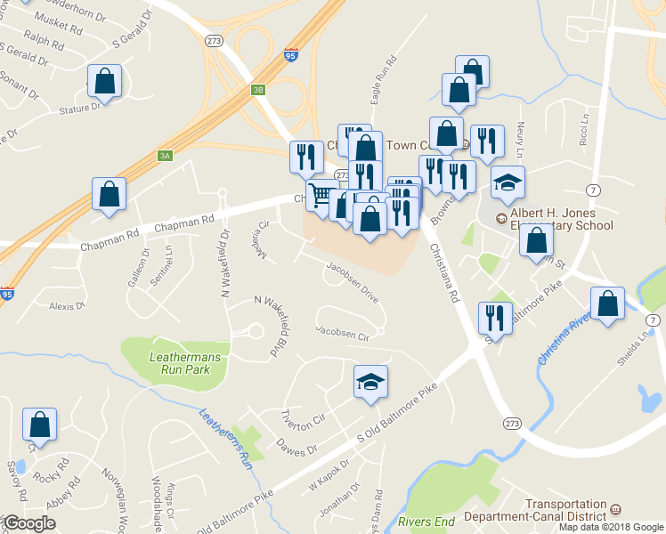 map of restaurants, bars, coffee shops, grocery stores, and more near 738 Jacobsen Drive in Newark