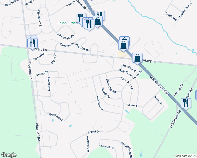 map of restaurants, bars, coffee shops, grocery stores, and more near 1605 Pin Oak Road in Monroe
