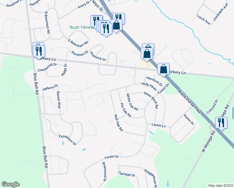 map of restaurants, bars, coffee shops, grocery stores, and more near 1605 Pin Oak Road in Monroe