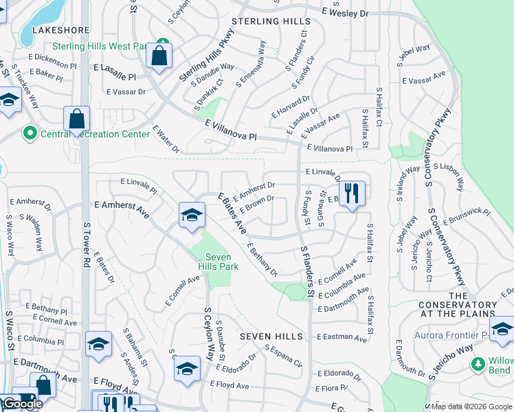 map of restaurants, bars, coffee shops, grocery stores, and more near 19409 East Brown Drive in Aurora