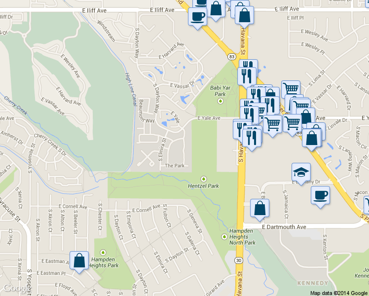 map of restaurants, bars, coffee shops, grocery stores, and more near 10000 East Yale Avenue in Denver