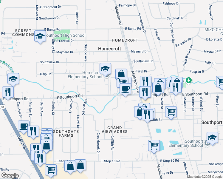 map of restaurants, bars, coffee shops, grocery stores, and more near 1551 Southview Drive in Indianapolis