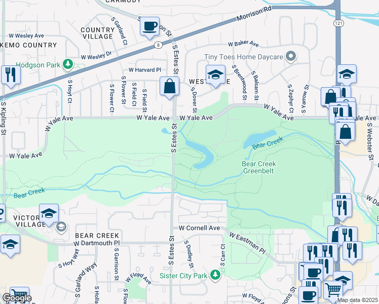 map of restaurants, bars, coffee shops, grocery stores, and more near 2900 South Estes Street in Lakewood