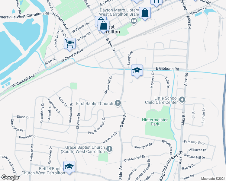 map of restaurants, bars, coffee shops, grocery stores, and more near 15 Southard Lane in West Carrollton
