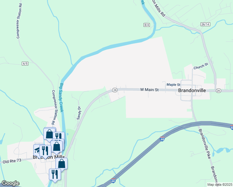 map of restaurants, bars, coffee shops, grocery stores, and more near 477 Main Street in Bruceton Mills