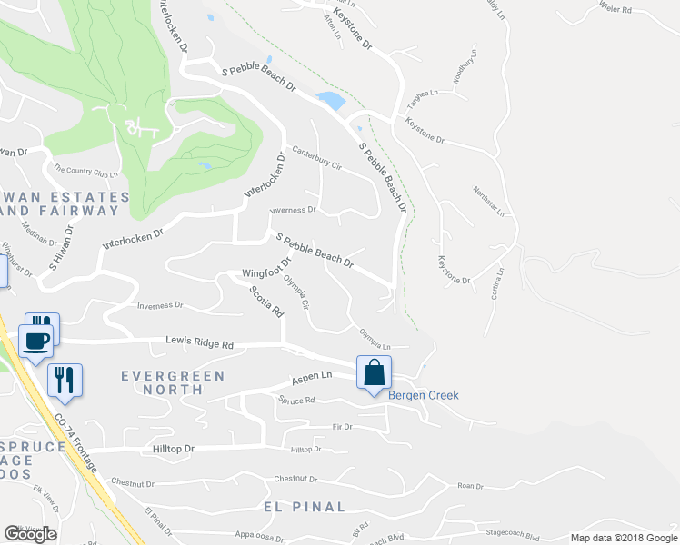 map of restaurants, bars, coffee shops, grocery stores, and more near 2718 Olympia Circle in Evergreen