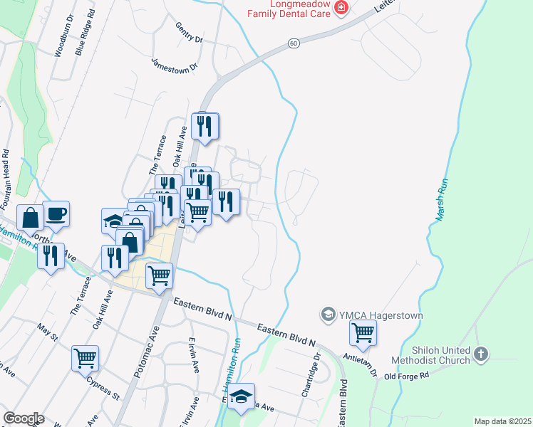 map of restaurants, bars, coffee shops, grocery stores, and more near 19411 Cortland Drive in Hagerstown
