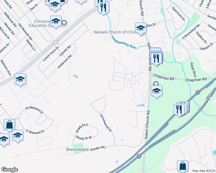 map of restaurants, bars, coffee shops, grocery stores, and more near 1606 Chelmsford Circle in Newark