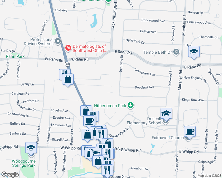 map of restaurants, bars, coffee shops, grocery stores, and more near 160 Sunnyridge Lane in Dayton