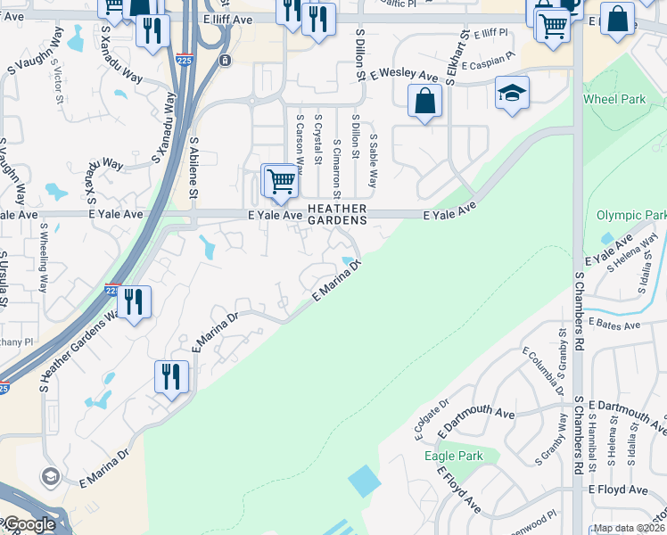 map of restaurants, bars, coffee shops, grocery stores, and more near 14257 East Marina Drive in Aurora