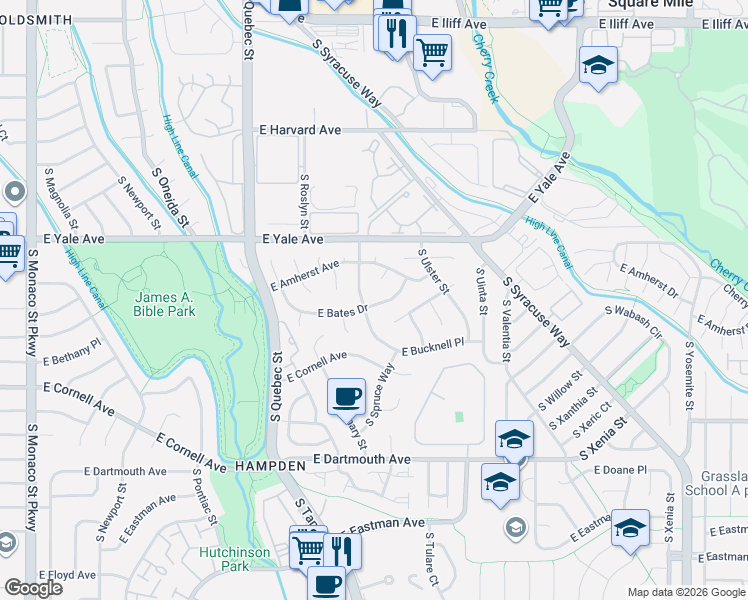 map of restaurants, bars, coffee shops, grocery stores, and more near 2864 South Sebring Court in Denver
