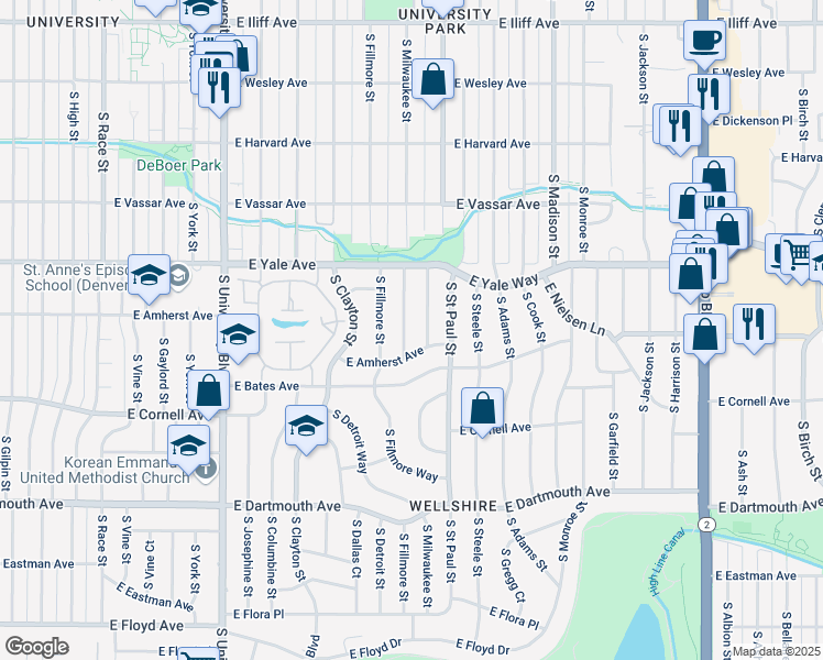 map of restaurants, bars, coffee shops, grocery stores, and more near 2754 South Milwaukee Street in Denver