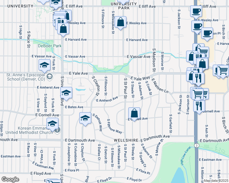 map of restaurants, bars, coffee shops, grocery stores, and more near 2754 South Milwaukee Street in Denver