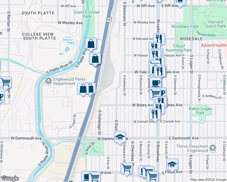 map of restaurants, bars, coffee shops, grocery stores, and more near 2801 South Elati Street in Englewood
