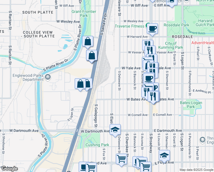 map of restaurants, bars, coffee shops, grocery stores, and more near 2801 South Elati Street in Englewood
