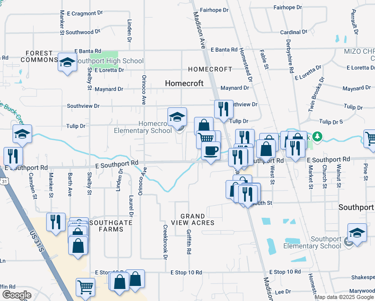 map of restaurants, bars, coffee shops, grocery stores, and more near 1551 Southview Drive in Indianapolis