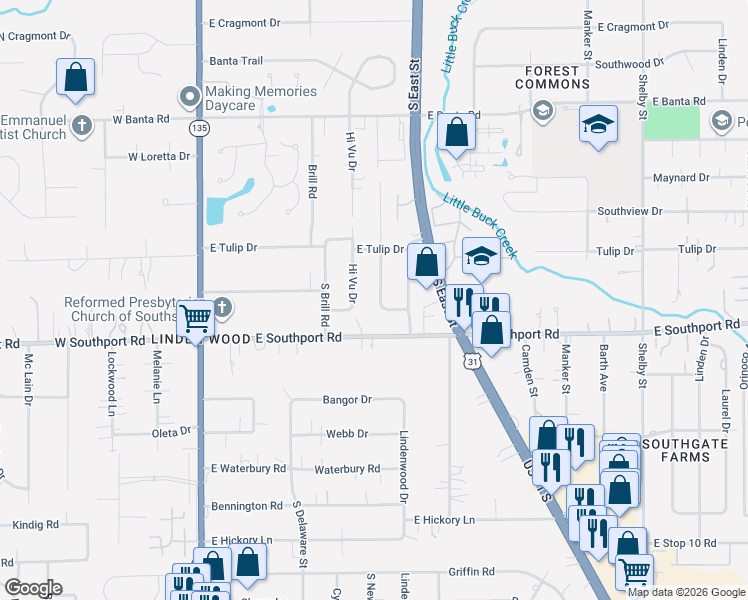 map of restaurants, bars, coffee shops, grocery stores, and more near 6904 South New Jersey Street in Indianapolis