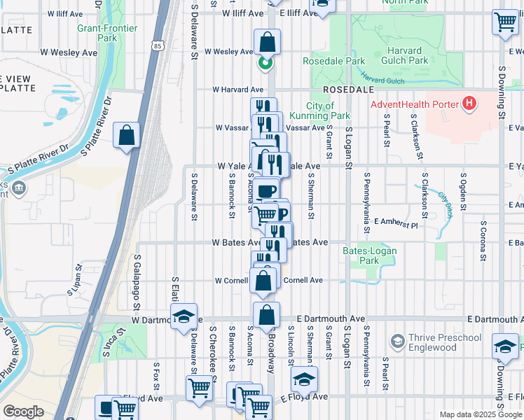 map of restaurants, bars, coffee shops, grocery stores, and more near 2795 South Broadway in Englewood