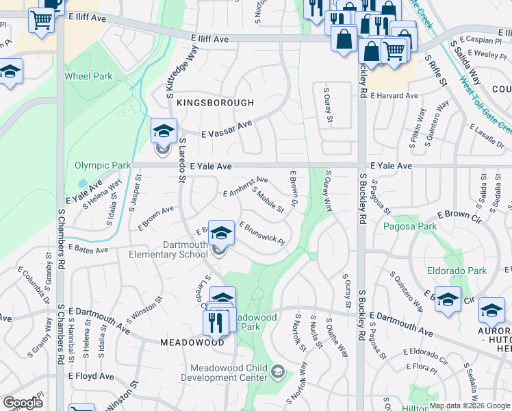 map of restaurants, bars, coffee shops, grocery stores, and more near 2831 South Mobile Street in Aurora