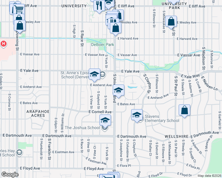 map of restaurants, bars, coffee shops, grocery stores, and more near 2348 East Amherst Avenue in Denver