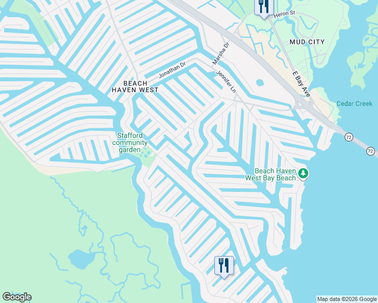 map of restaurants, bars, coffee shops, grocery stores, and more near 1 Harry Drive in Stafford Township