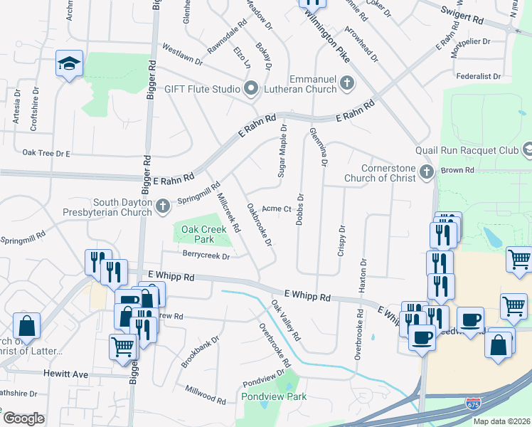 map of restaurants, bars, coffee shops, grocery stores, and more near 2349 Acme Court in Dayton