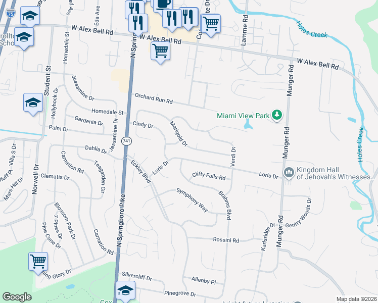map of restaurants, bars, coffee shops, grocery stores, and more near 2618 Marigold Drive in Dayton