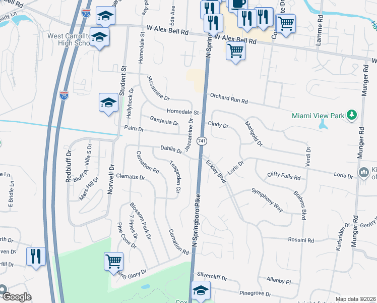 map of restaurants, bars, coffee shops, grocery stores, and more near 6018 Jassamine Drive in Dayton