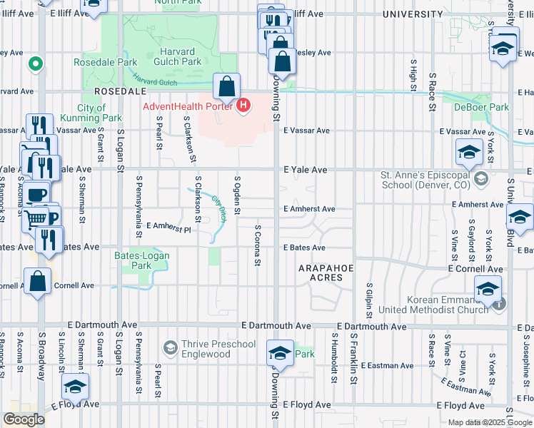 map of restaurants, bars, coffee shops, grocery stores, and more near 1175 East Bates Parkway in Englewood