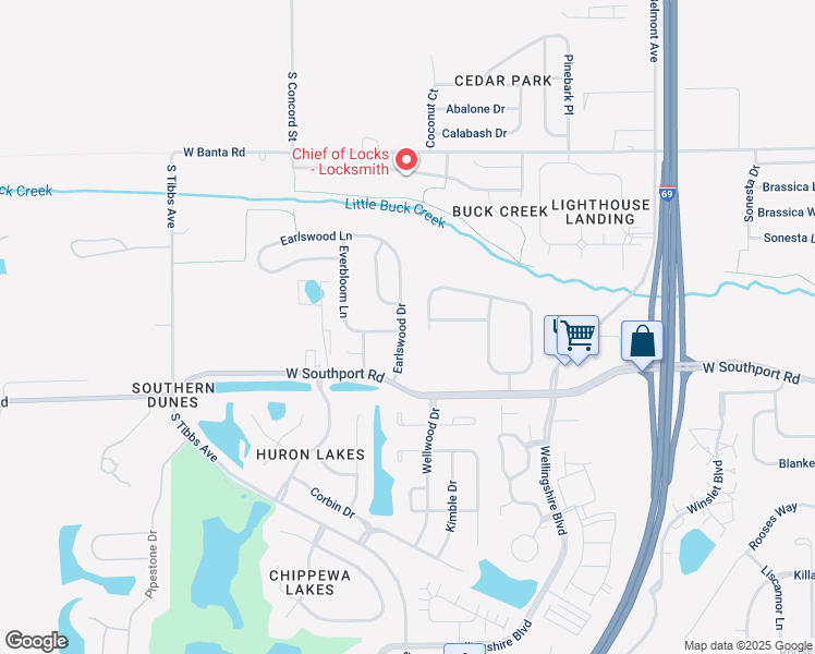 map of restaurants, bars, coffee shops, grocery stores, and more near 6831 Earlswood Drive in Indianapolis