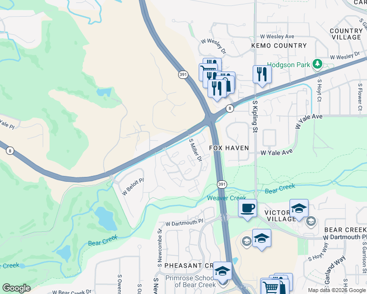 map of restaurants, bars, coffee shops, grocery stores, and more near 2605 South Miller Drive in Lakewood