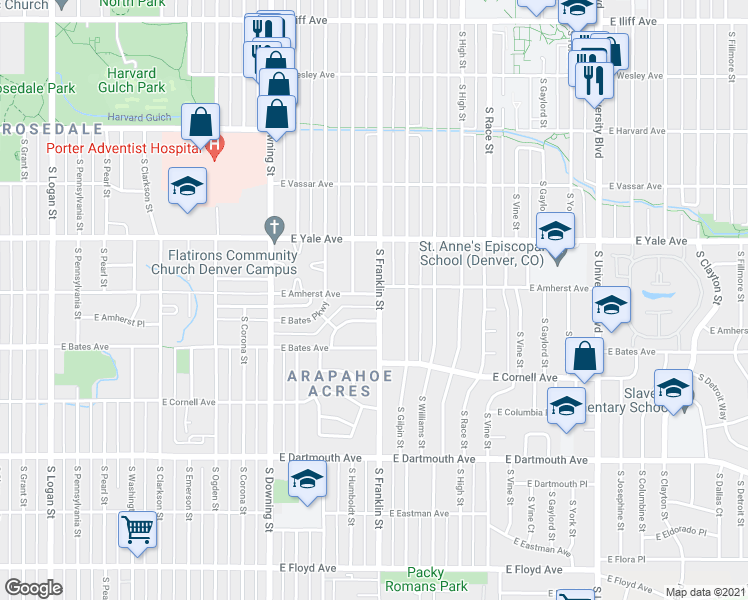 map of restaurants, bars, coffee shops, grocery stores, and more near 1520 East Amherst Avenue in Englewood