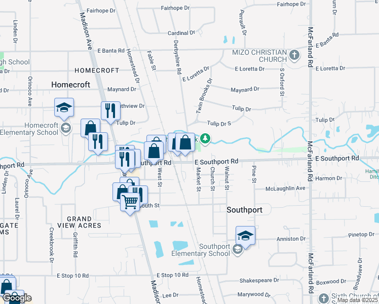 map of restaurants, bars, coffee shops, grocery stores, and more near 6920 Derbyshire Road in Southport