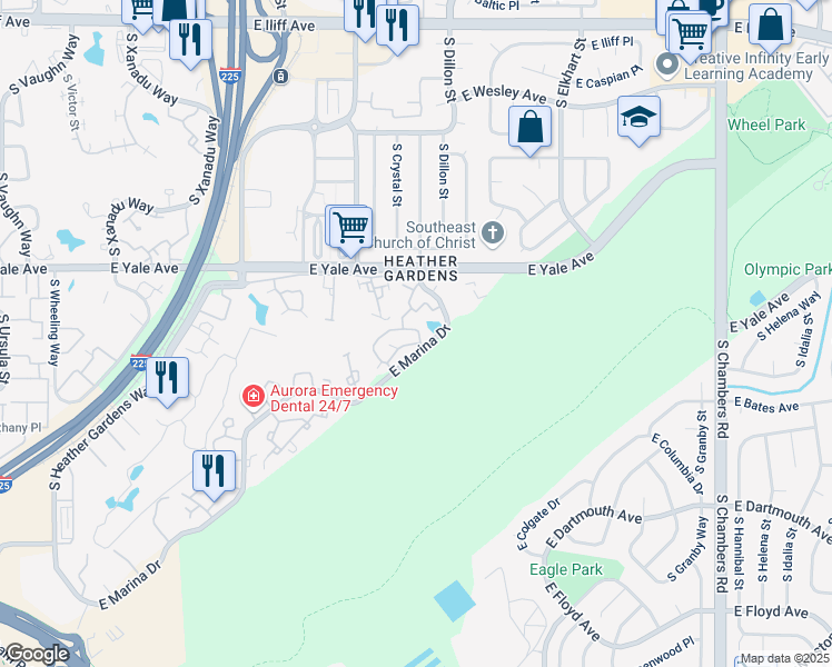 map of restaurants, bars, coffee shops, grocery stores, and more near 14257 East Marina Drive in Aurora