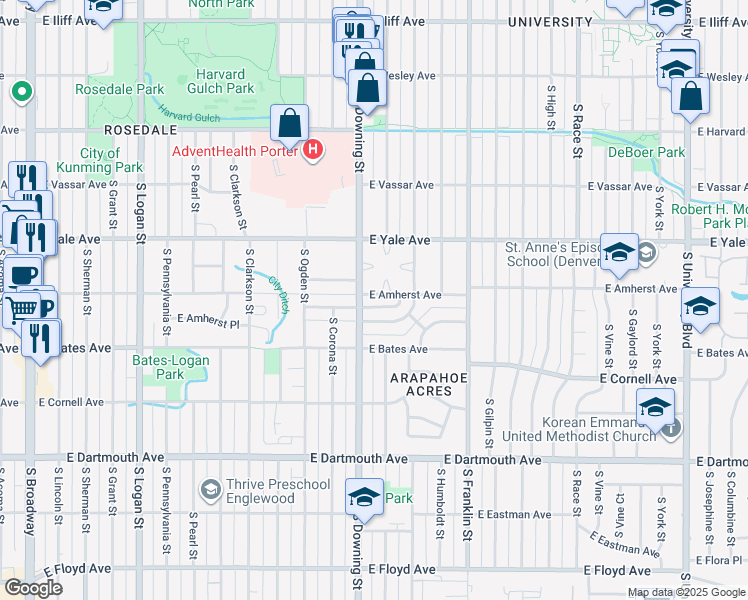 map of restaurants, bars, coffee shops, grocery stores, and more near 1309 East Amherst Avenue in Denver