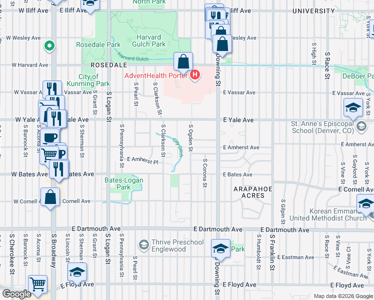 map of restaurants, bars, coffee shops, grocery stores, and more near 2791 South Ogden Street in Englewood