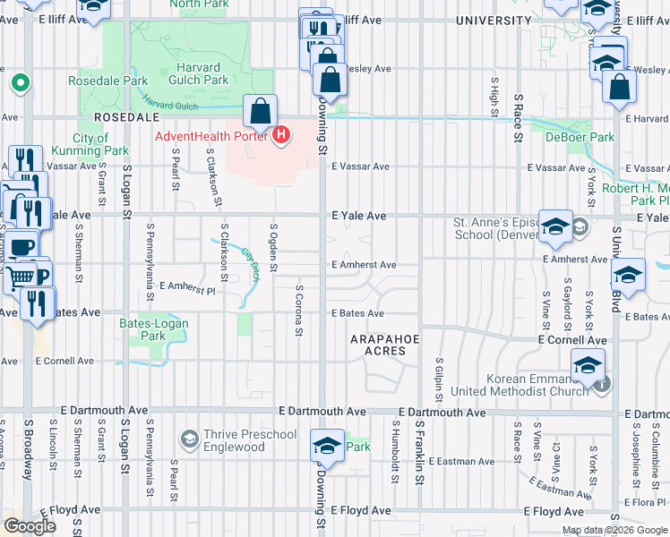 map of restaurants, bars, coffee shops, grocery stores, and more near 1309 East Amherst Avenue in Denver
