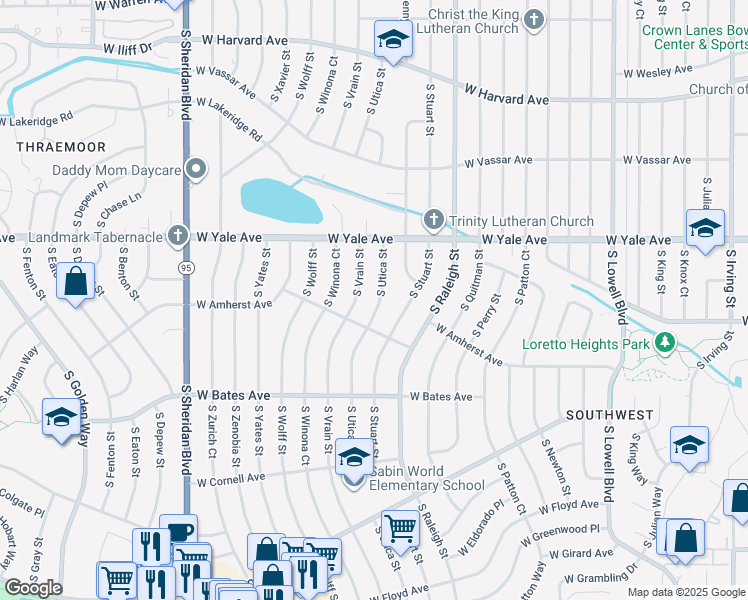 map of restaurants, bars, coffee shops, grocery stores, and more near 2755 South Utica Street in Denver