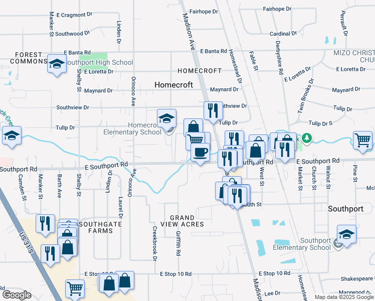 map of restaurants, bars, coffee shops, grocery stores, and more near 6908 Madison Avenue in Indianapolis