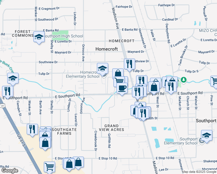 map of restaurants, bars, coffee shops, grocery stores, and more near 1551 Southview Drive in Indianapolis