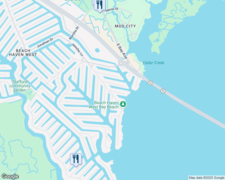 map of restaurants, bars, coffee shops, grocery stores, and more near 47 Muriel Drive in Stafford Township