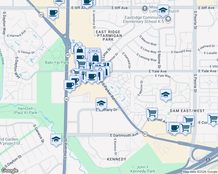 map of restaurants, bars, coffee shops, grocery stores, and more near 2800 South Kenton Court in Aurora