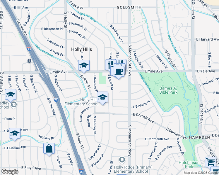 map of restaurants, bars, coffee shops, grocery stores, and more near 2801 South Locust Street in Denver