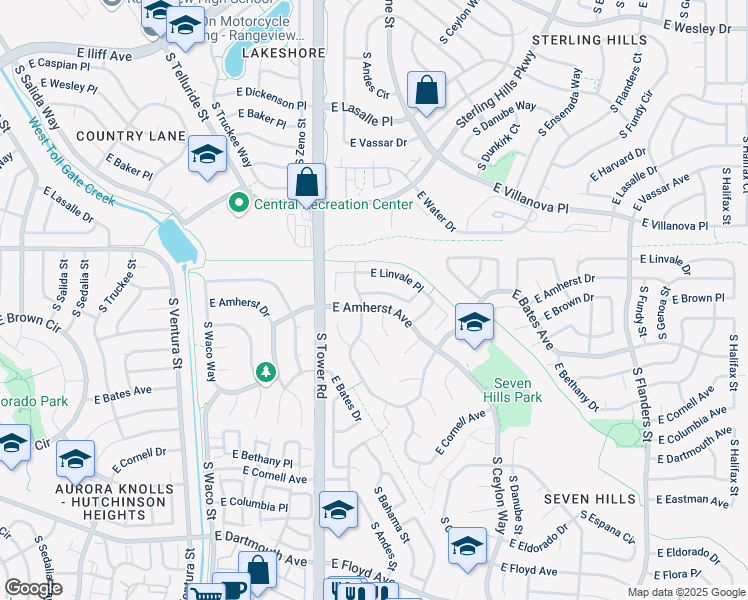map of restaurants, bars, coffee shops, grocery stores, and more near 18718 East Linvale Circle in Aurora