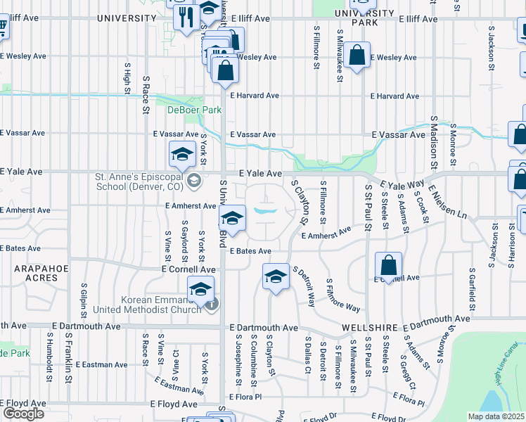 map of restaurants, bars, coffee shops, grocery stores, and more near 2800 South University Boulevard in Denver