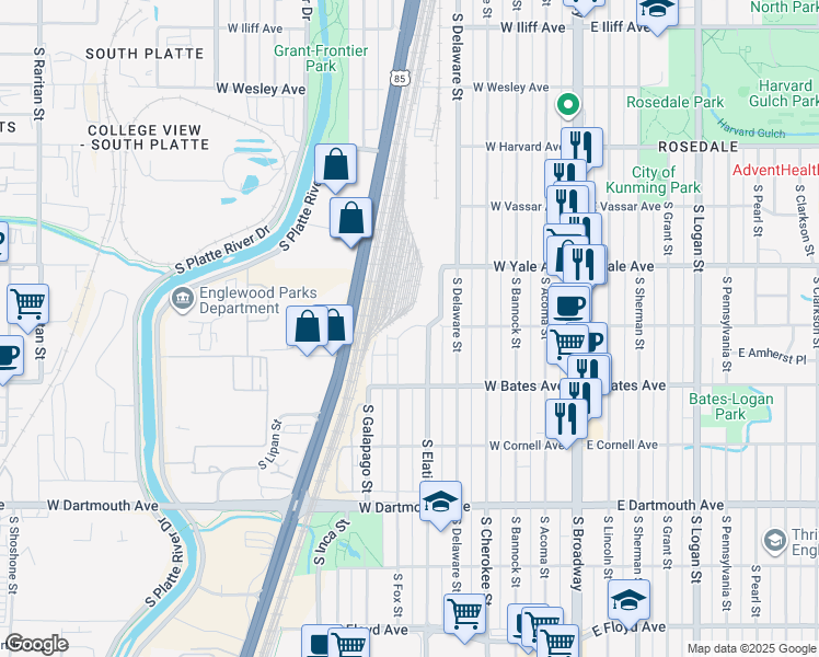 map of restaurants, bars, coffee shops, grocery stores, and more near 2801 South Elati Street in Englewood