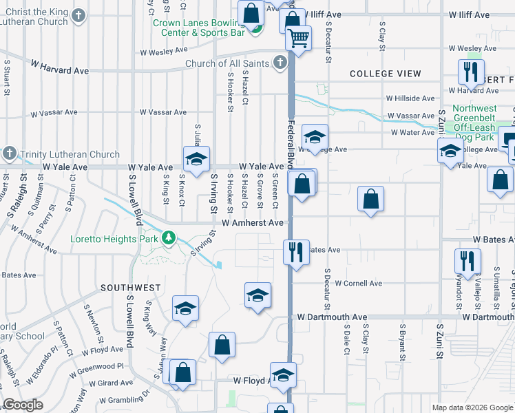 map of restaurants, bars, coffee shops, grocery stores, and more near 2765 South Grove Street in Denver