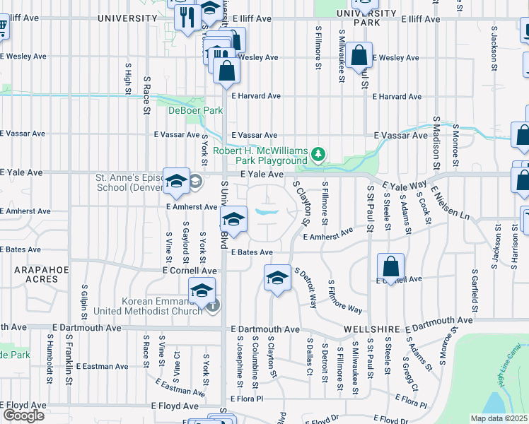 map of restaurants, bars, coffee shops, grocery stores, and more near 2800 South University Boulevard in Denver