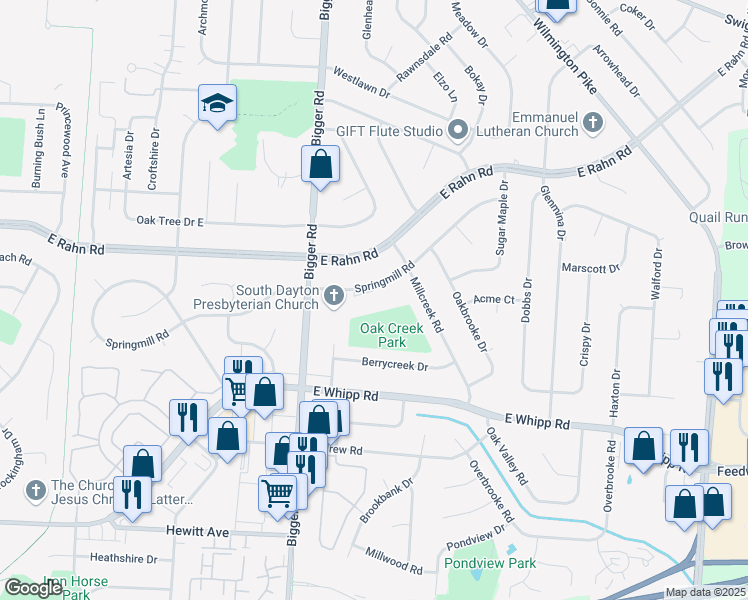 map of restaurants, bars, coffee shops, grocery stores, and more near 2316 Springmill Road in Dayton