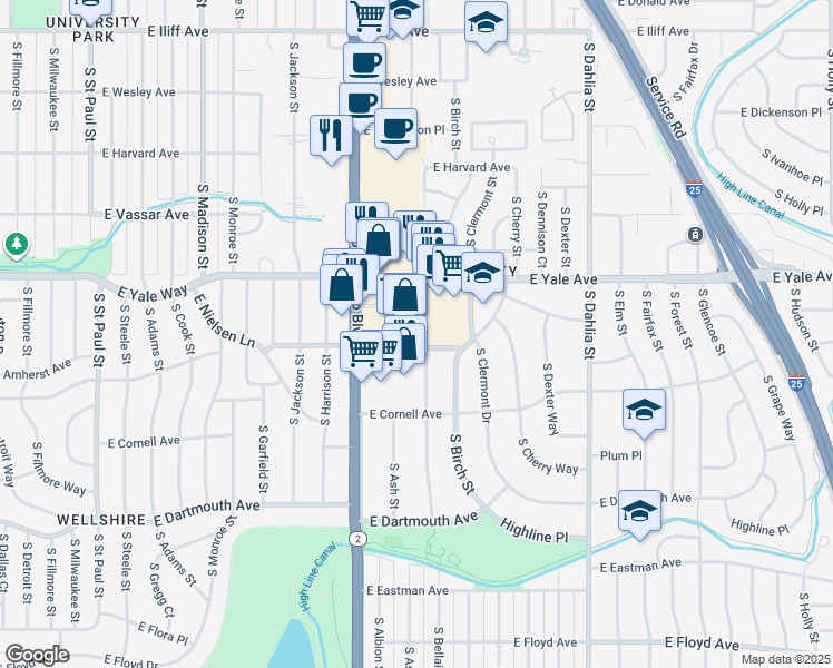 map of restaurants, bars, coffee shops, grocery stores, and more near 2780 South Colorado Boulevard in Denver